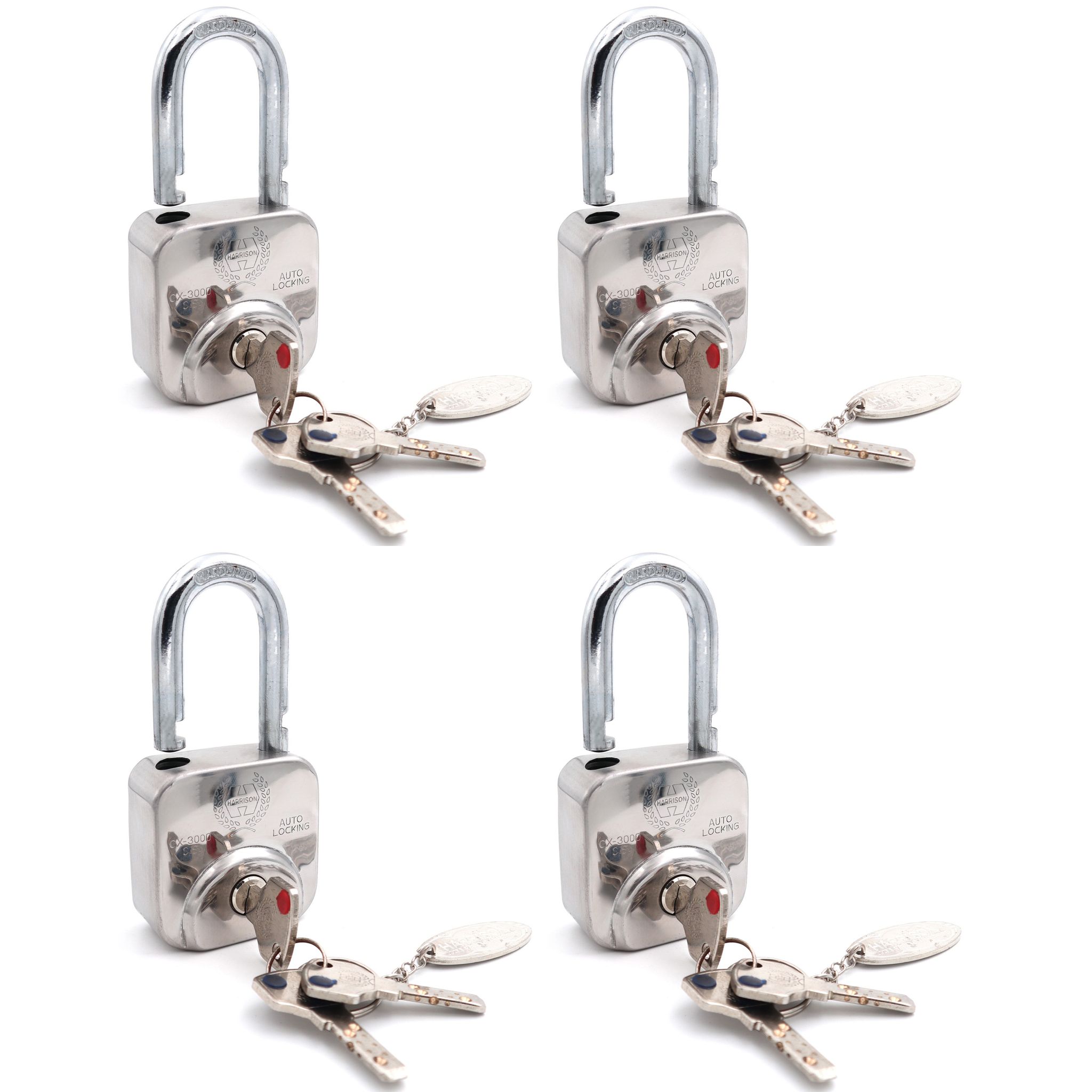 Harrison Padlocks/Square Padlock 60mm 12 Pin with 3 Computerised Keys CX-3000-0557 Pack of 4/ Mild Steel Material/Stainless Steel Finish/Door Lock, Shutter Lock, Godown Lock, gate Lock