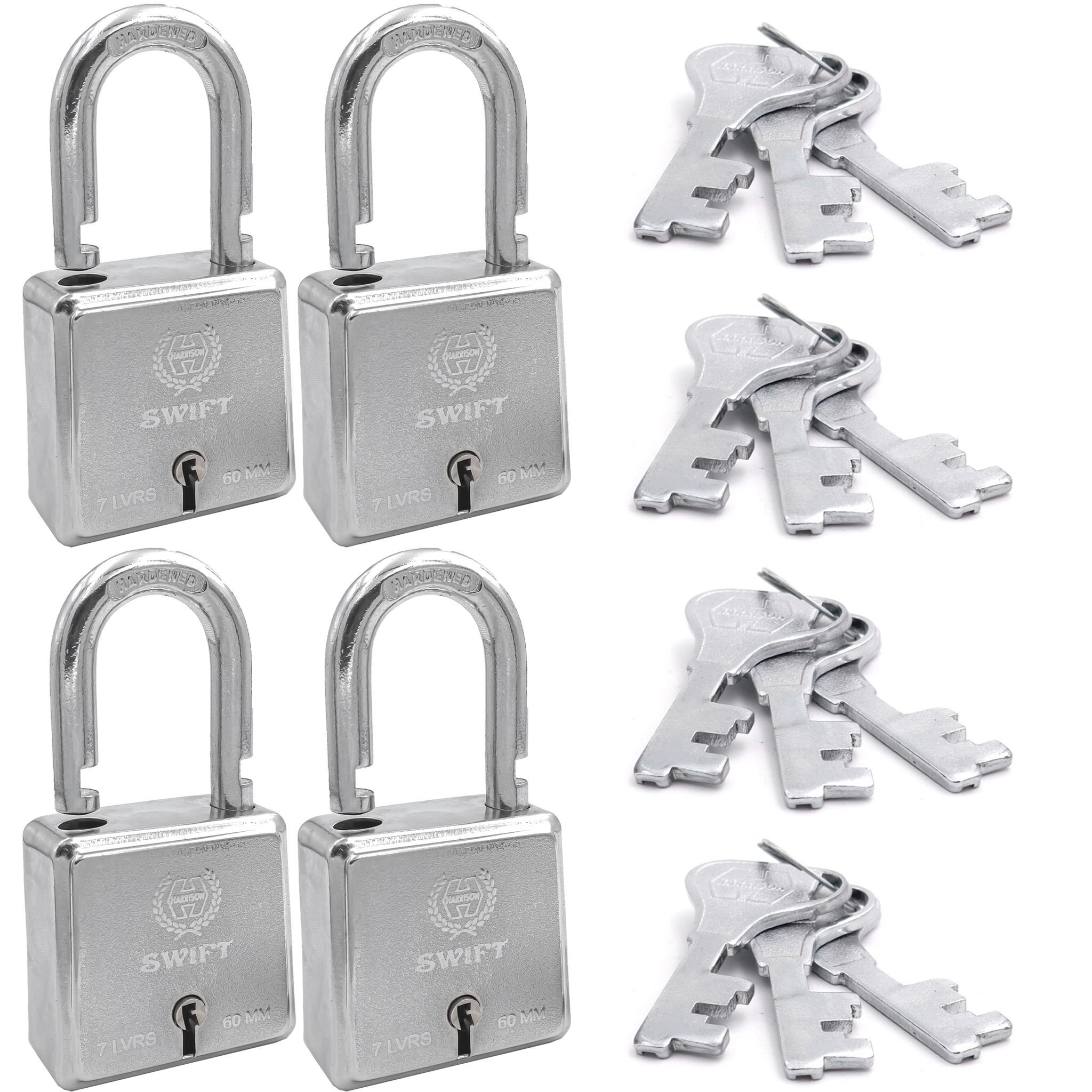 Harrison Padlocks/Square Padlock 60mm 7 Lever with 3 Keys SWIFT-0229 Pack of 4/ Mild Steel Material/Bright Chrome Plated Finish/Door Lock, Shutter Lock, Godown Lock, gate Lock