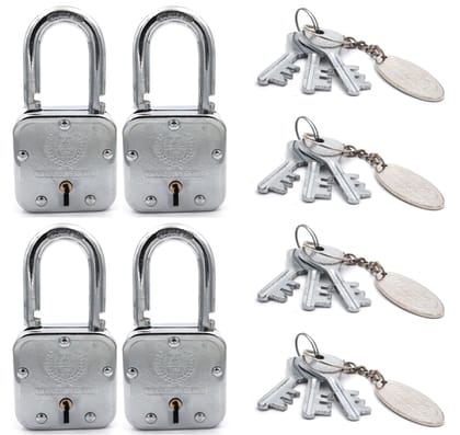Harrison Padlocks/Square Padlock 65mm 8 Lever with 3 Keys T-27-0033 Pack of 4/ Mild Steel Material/Bright Chrome Plated Finish/Door Lock, Shutter Lock, Godown Lock, gate Lock