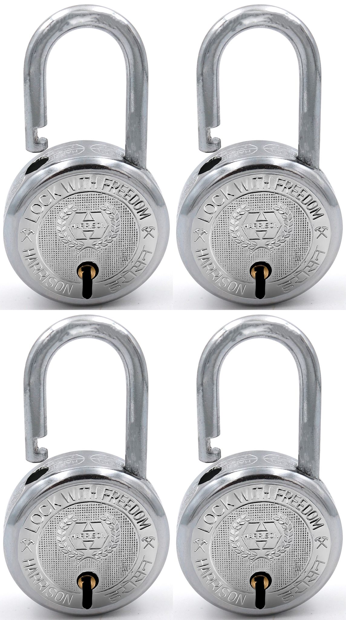 Harrison Padlocks/Round Padlock 50mm 6 Lever with 3 Keys T-26-0274 Pack of 4/ Mild Steel Material/Bright Chrome Polished Finish/Door Lock, Shutter Lock, Godown Lock, gate Lock