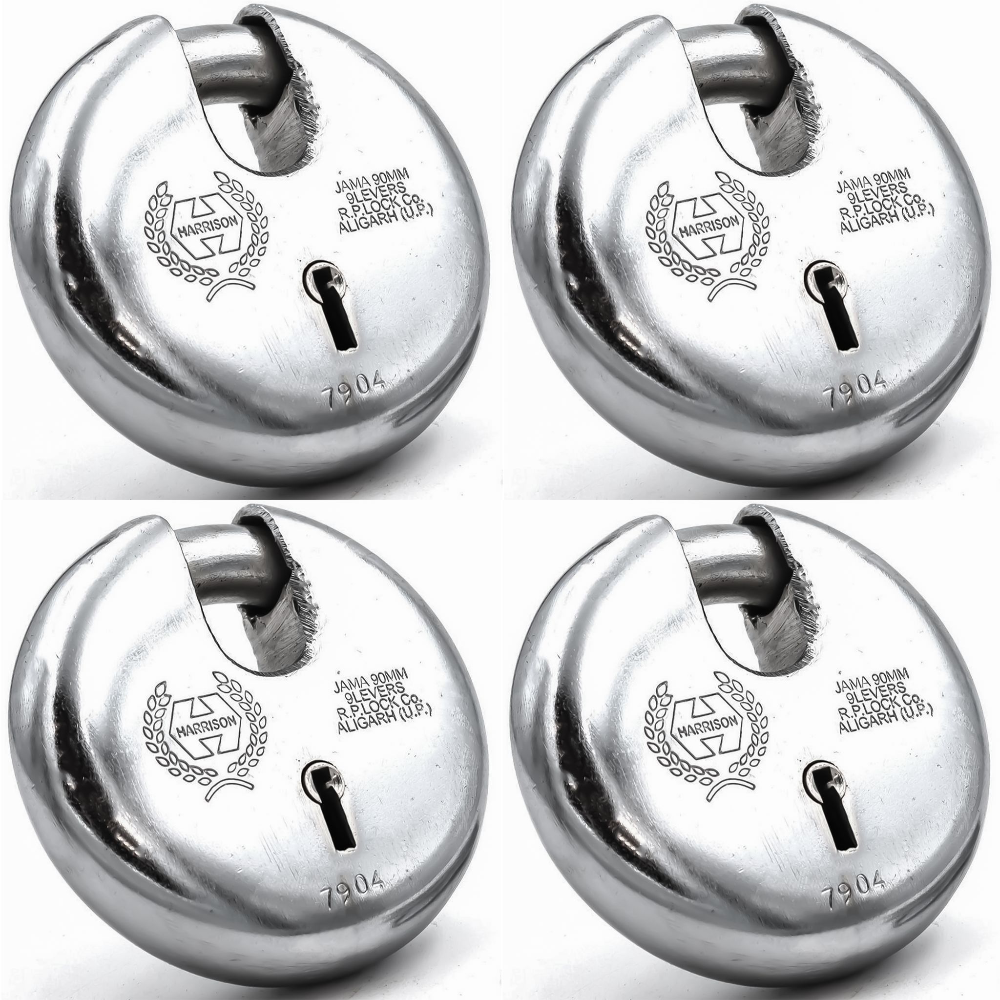 Harrison Padlocks/Round Padlock 90mm 8 Lever with 3 Keys JAMA-0022 Pack of 4/ Mild Steel Material/Bright Chrome Plated Finish/Door Lock, Shutter Lock, Godown Lock, gate Lock