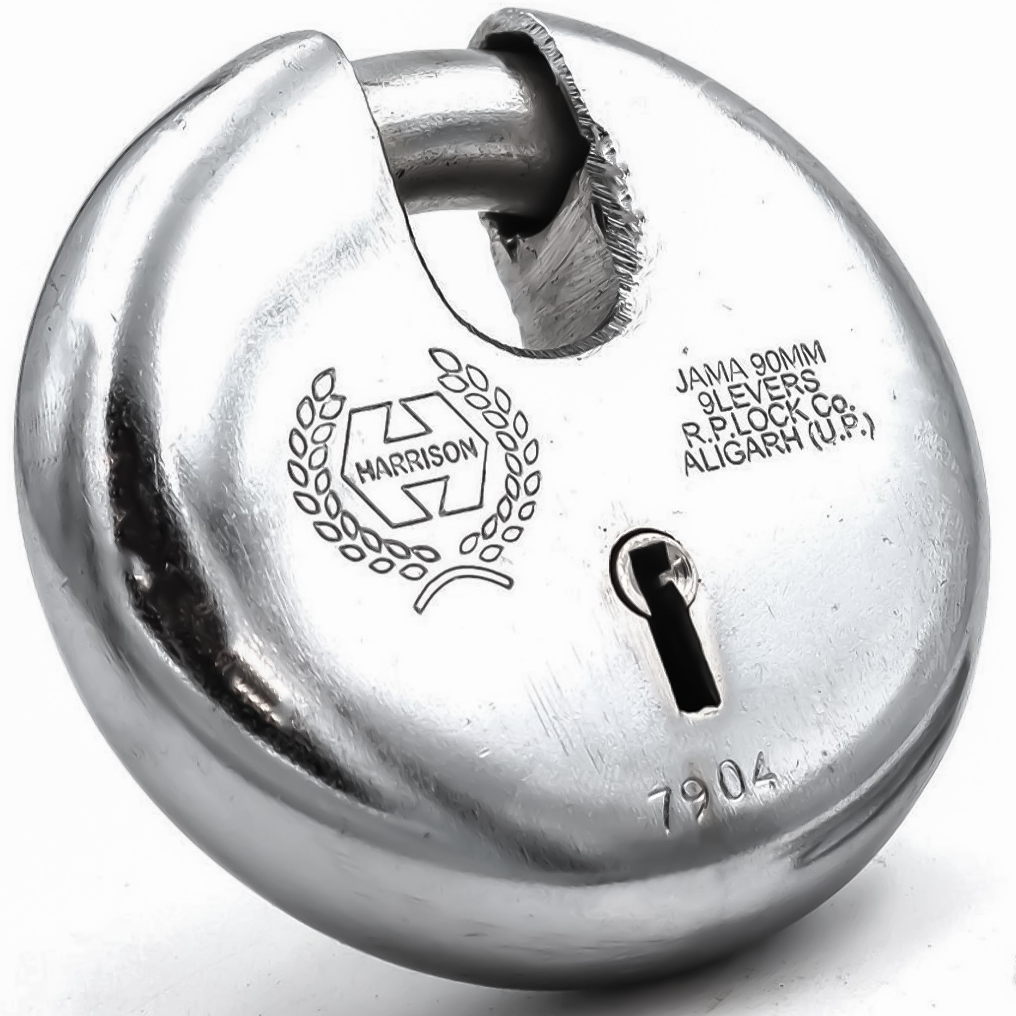 Harrison Padlocks/Round Padlock 90mm 8 Lever with 3 Keys JAMA-0022 Pack of 1/ Mild Steel Material/Bright Chrome Plated Finish/Door Lock, Shutter Lock, Godown Lock, gate Lock