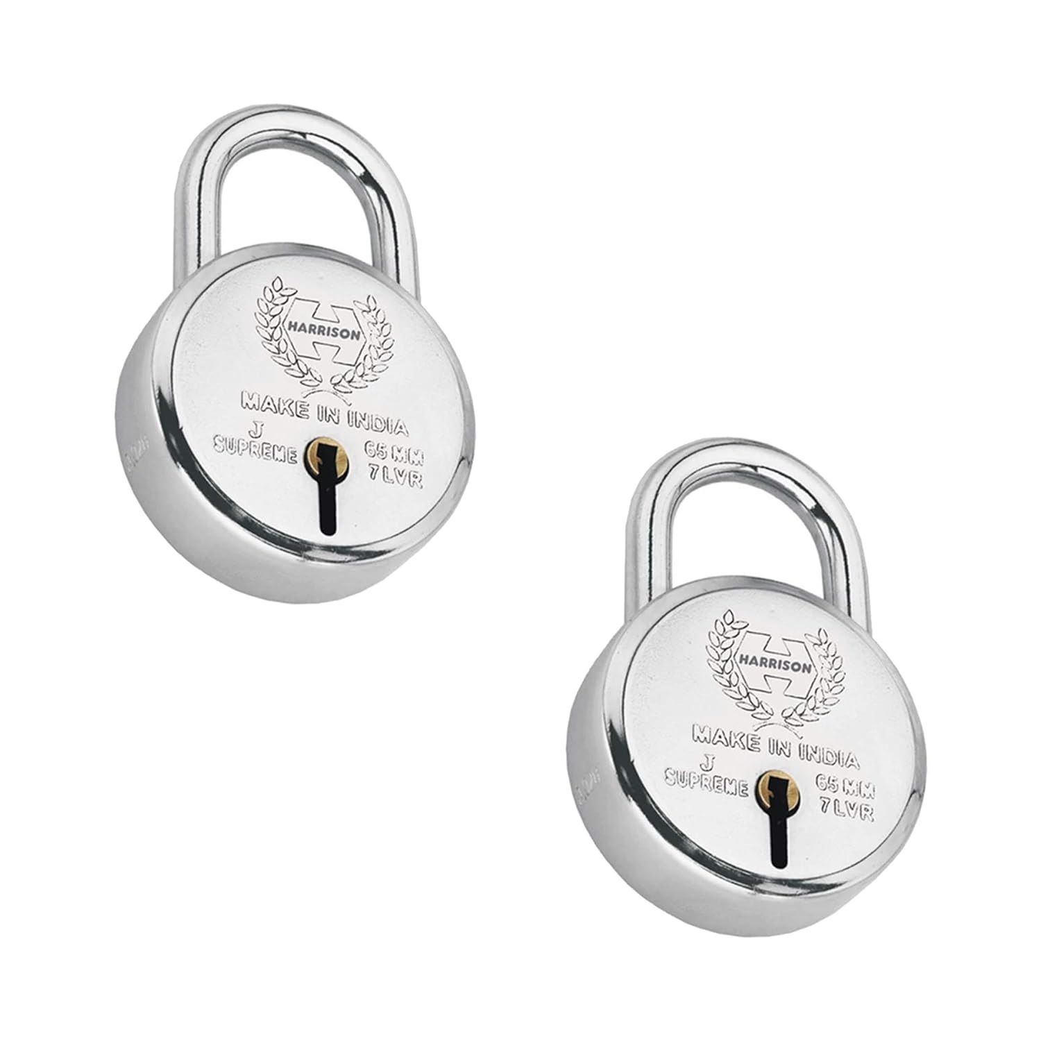 Harrison Padlocks/Round Padlock 65mm 7 Lever with 3 Keys J-SUPREME-0643 Pack of 2/ Mild Steel Material/Bright Chrome Polished Finish/Door Lock, Shutter Lock, Godown Lock, gate Lock