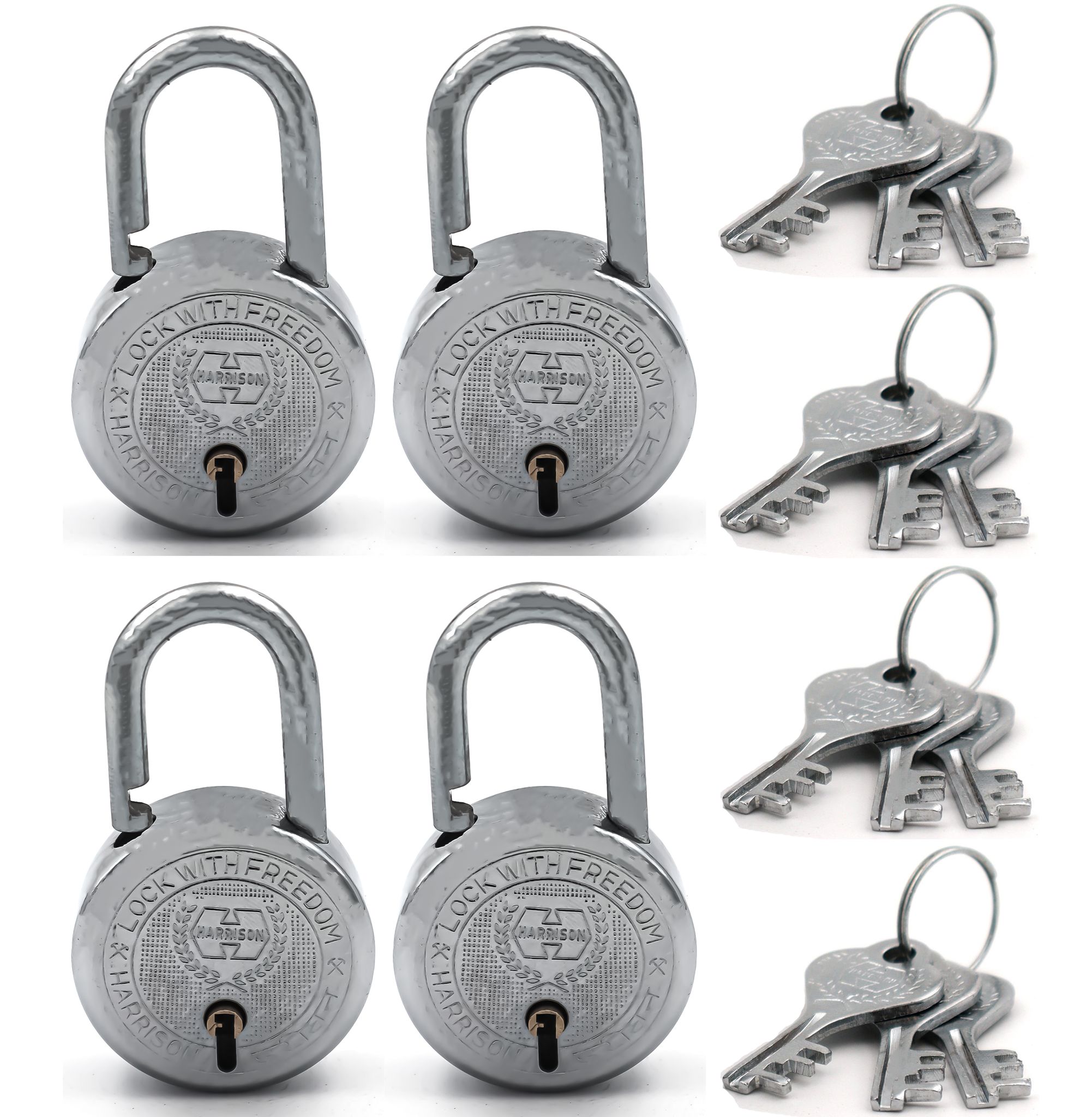 Harrison Padlocks/Round Padlock 40mm 5 Lever with 3 Keys T-26-0272 Pack of 4/ Mild Steel Material/Bright Chrome Polished Finish/Door Lock, Shutter Lock, Godown Lock, gate Lock
