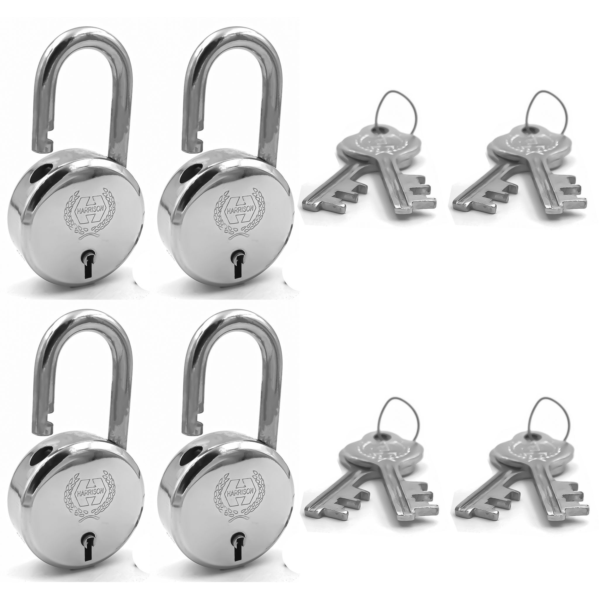 Harrison Padlocks/Round Padlock 60mm 6 Lever with 2 Keys J-6-0264 Pack of 4/ Mild Steel Material/Bright Chrome Polished Finish/Door Lock, Shutter Lock, Godown Lock, gate Lock