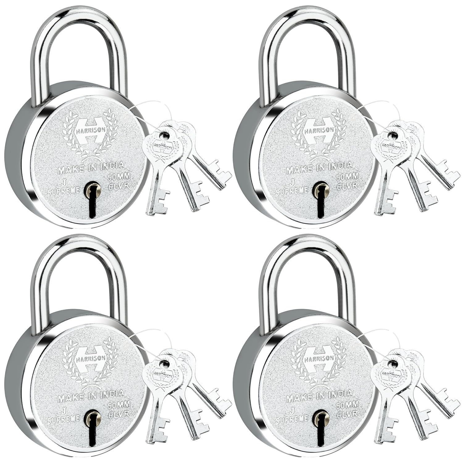 Harrison Padlocks/Round Padlock 50mm 6 Lever with 3 Keys J-SUPREME-0656 Pack of 4/ Mild Steel Material/Bright Chrome Polished Finish/Door Lock, Shutter Lock