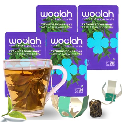 Woolah Rare Assam White Tea, Organic BAGLESS Tea Dip (4 Packs = 60 Dips /120 Cups) 100% PLASTIC FREE, Natural Whole Leaf, High EGCG anti-oxidants, BOOST METABOLISM, Improves SKIN HEALTH & Good for Heart. Woolah Rare Assam White Tea, Organic BAGLESS Tea Dip (4 Packs = 60 Dips /120 Cups) 100% PLASTIC FREE, Natural Whole Leaf, High EGCG anti-oxidants, BOOST METABOLISM, Improves SKIN HEALTH & Good for Heart.