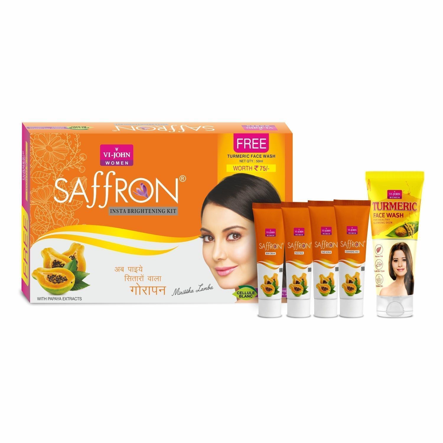 VI-JOHN Saffron Insta Papaya Brightening Facial Kit with Free Turmeric Face Wash (55 + 50 G) 110 G