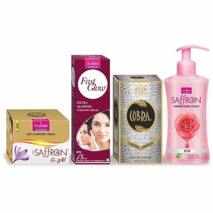 Vi-John Women Care Kit - Saffron Gold Fairness Cream, Fast Glow Fairness Cream, Cobra Limited Edition Perfume (60ML) & Body Lotion Rose (250 ML) - Set Of 4