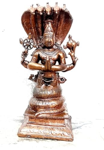 Searchers Paradise - Copper Idols of God Maha Vishnu Standing in adisesha,4.4 inches, Copper Handmade 410 Grams, Patina Antique Finish, Pack of 1 Piece