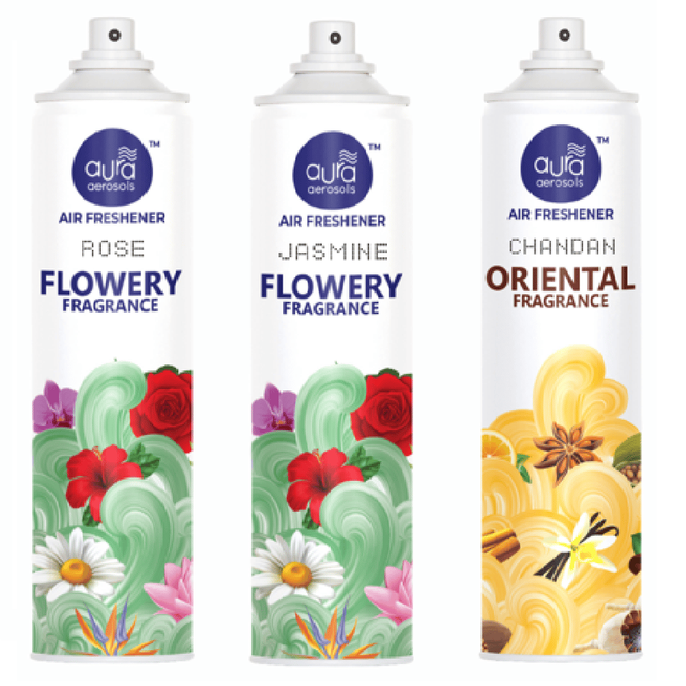 Aura Aerosols Air Freshener 300ml (Pack of 3) - Rose, Jasmine & Chandan