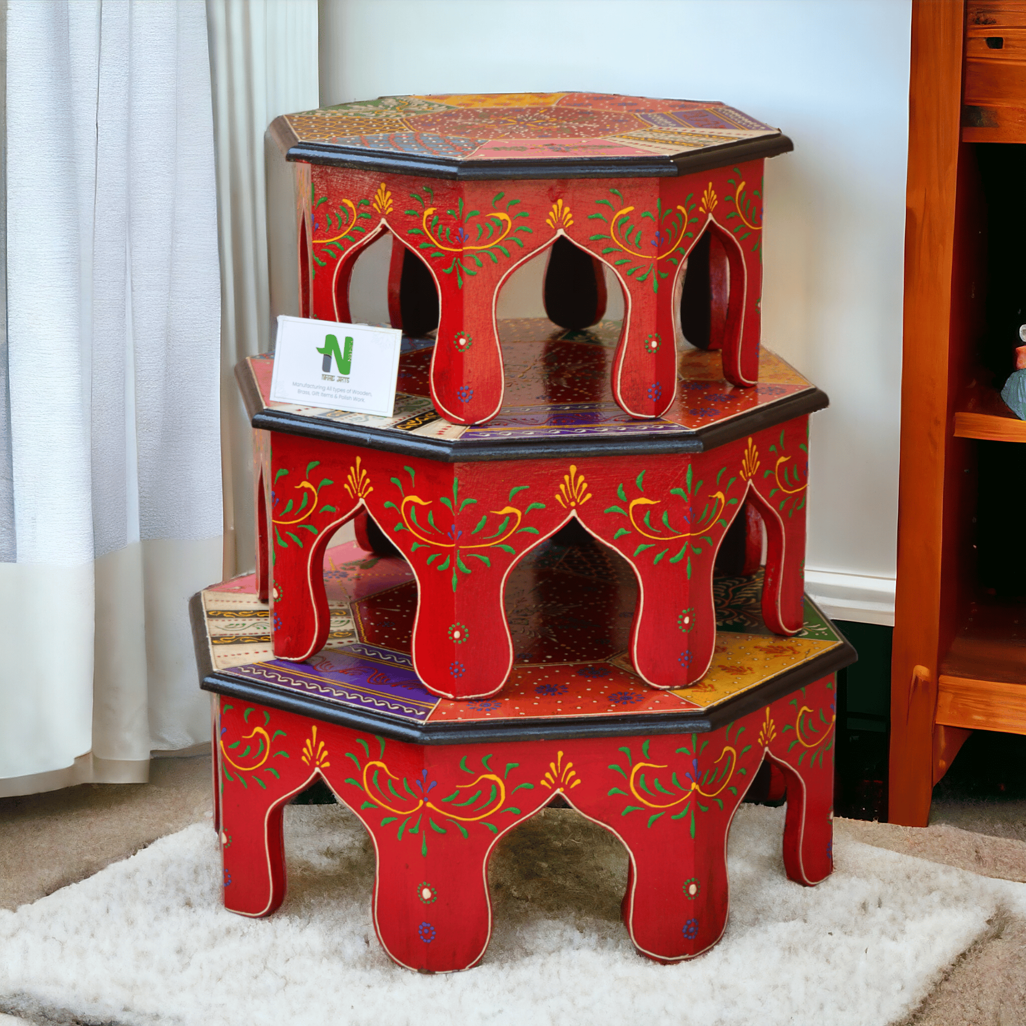 Pooja Bajot Stool/Octangle Pooja Decor/Painted Chowki/Patla/Chowki for Daily Prayer/Sitting Chowki for All Purpose ( set of 3 pieces )