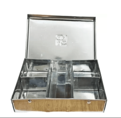 Arya Radha Rice and Kumkum Storage Box with 5 Compartments, Stainless Steel, For Daily Rituals Arya Radha Rice and Kumkum Storage Box with 5 Compartments, Stainless Steel, For Daily Rituals