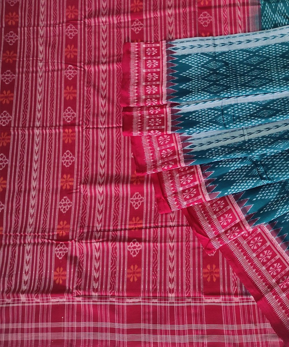 Green Red Sambalpuri Handwoven Single Ikat Cotton Saree SFCSAR0816