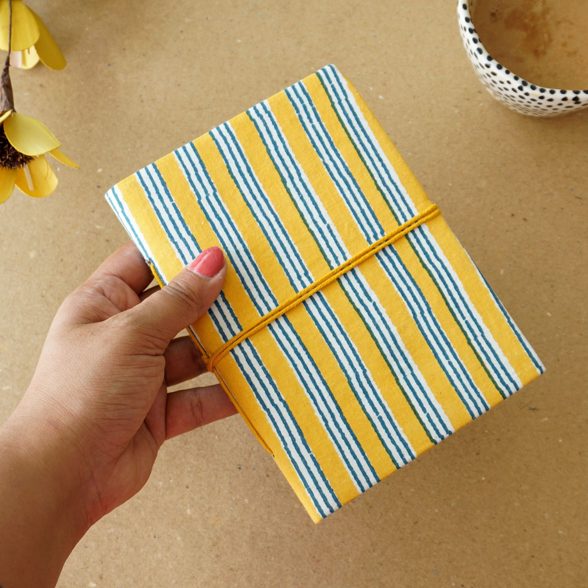 Handmade Upcycled Fabric Diary | Yellow Lines