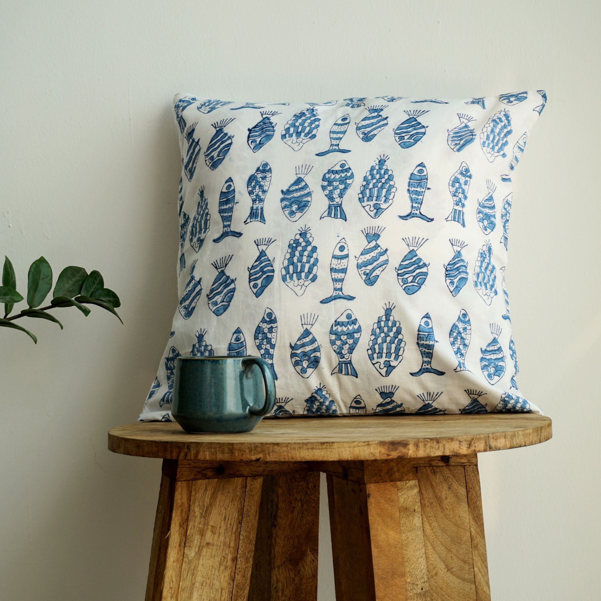 Hand Block Print Cushion Cover | Fishes