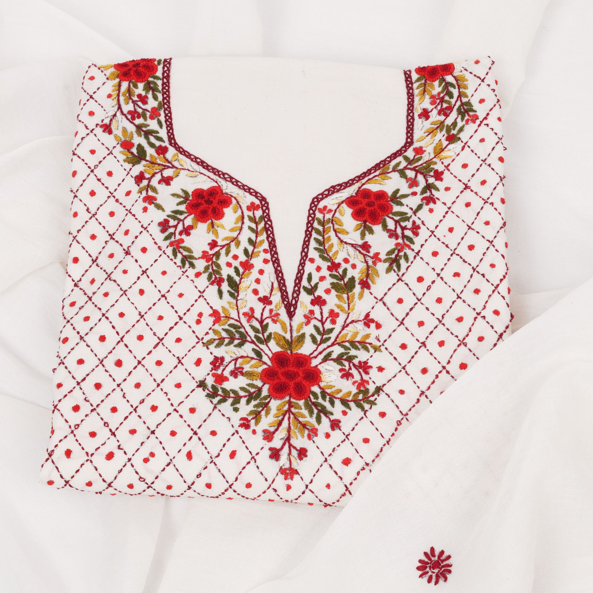 Manasi Craft Pure Cotton Hand Embroidered Unstitched Kurti Piece 5mtr with Dupatta 2.5mtr - NABARD supported SHGs/JLGs/POs