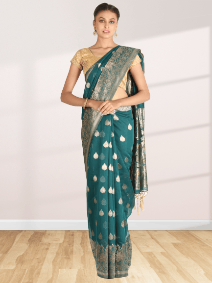 Pine Green Linen Saree With Foil Print
