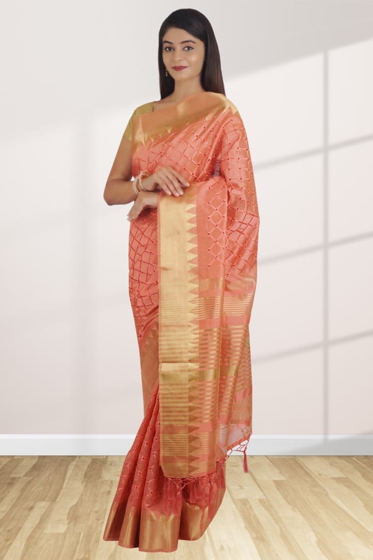 Peach Linen Saree With Embellished Design