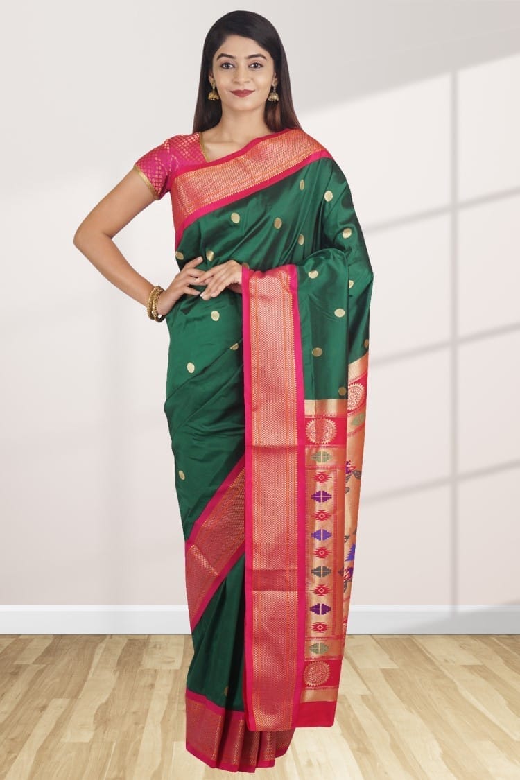 Deep Green Semi Silk Paithani Saree