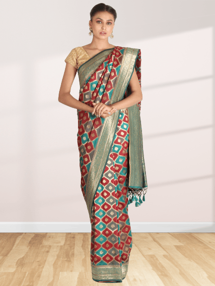 Red and Teal Tafetta Silk Saree
