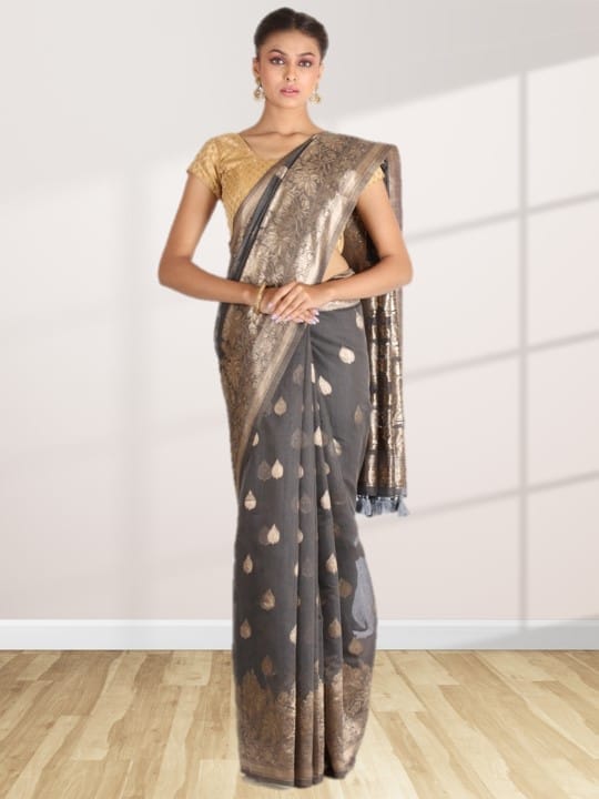Grey Linen Saree With Foil Print