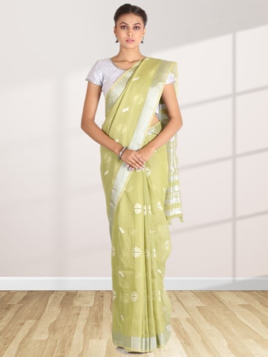 Olive Green Linen Saree With Foil Print and Resham Border