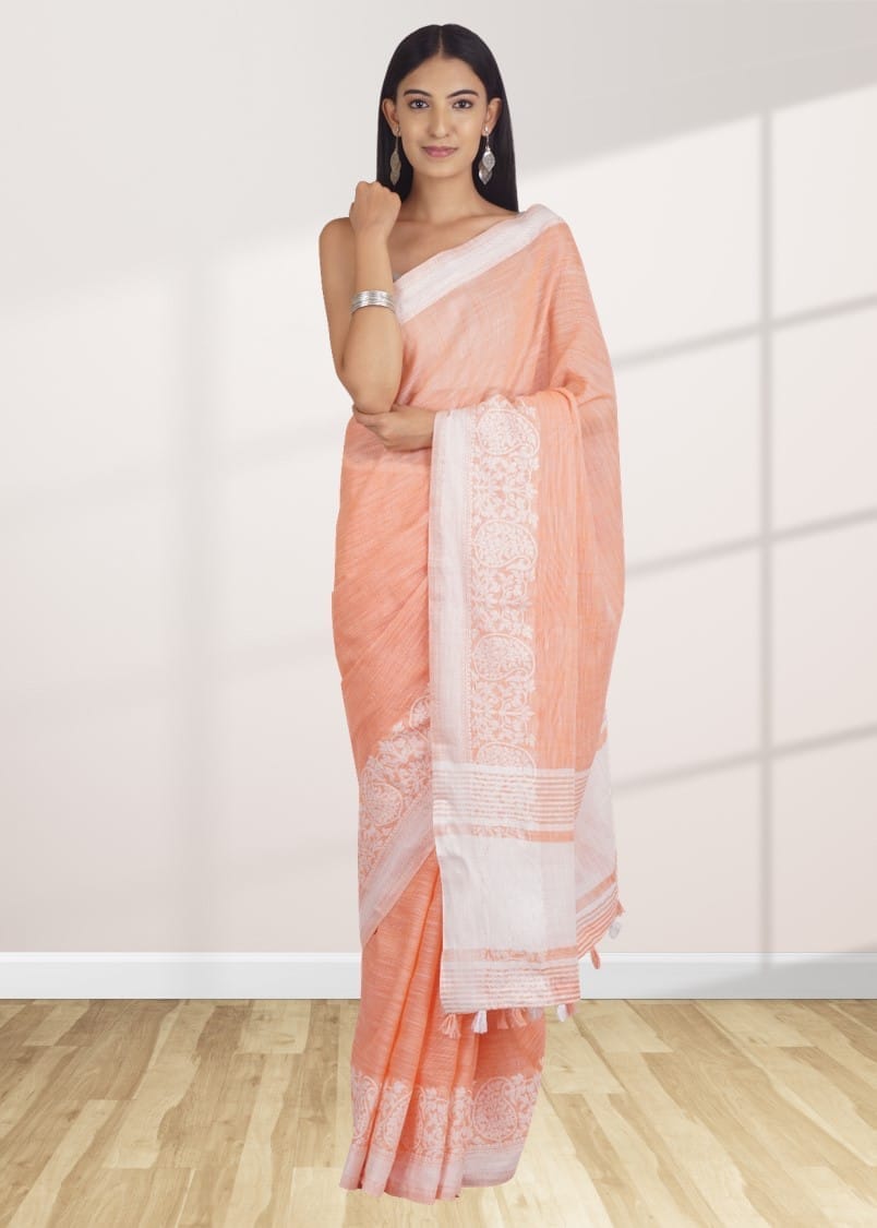 Peach Linen Saree With Woven Design