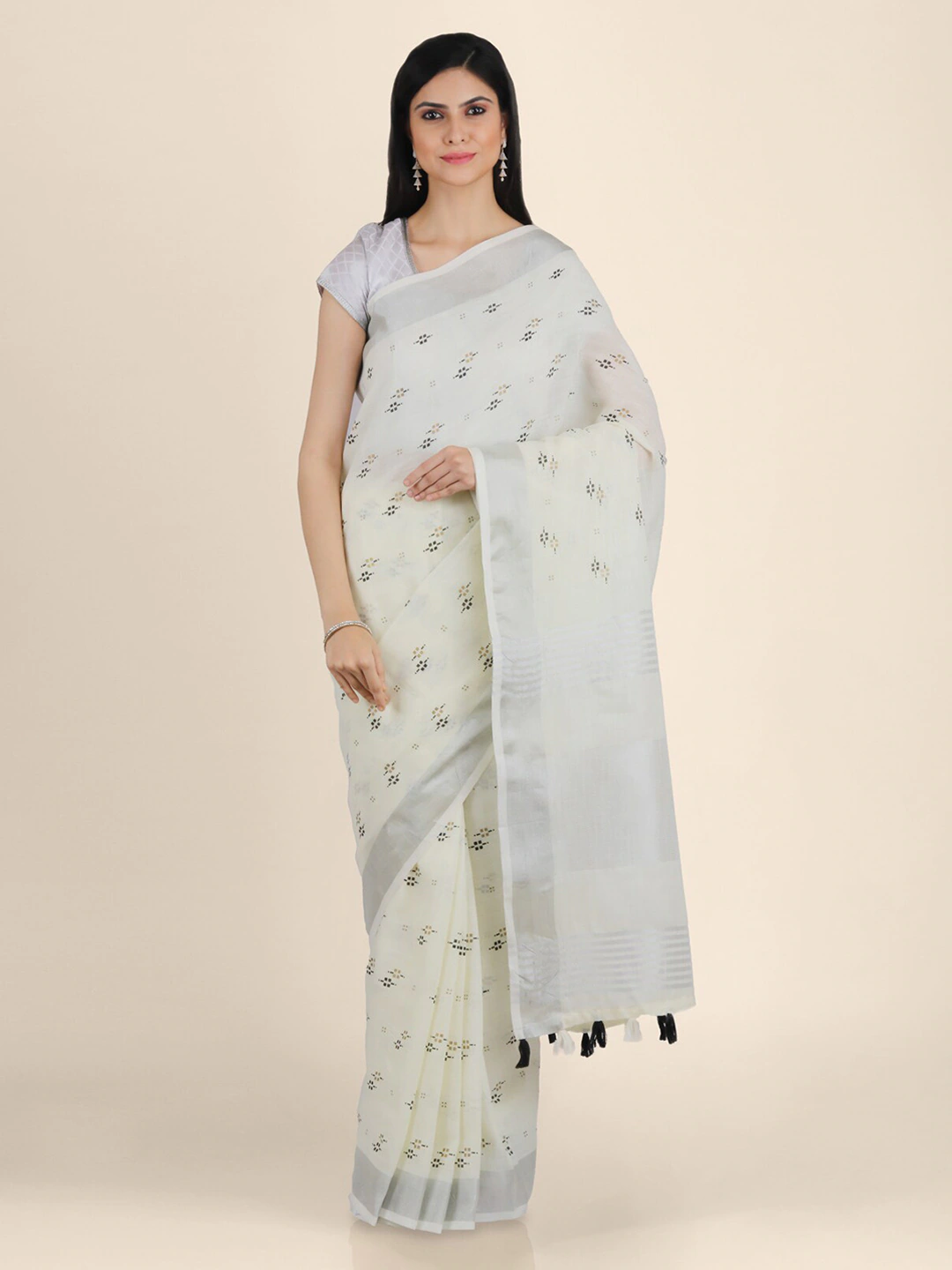 Graceful Off-White Linen Saree With Modish Print