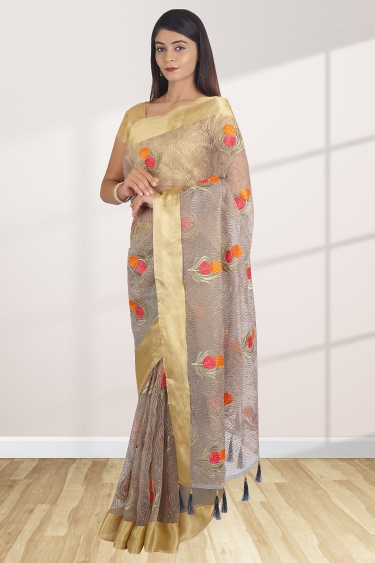 Grey Organza Saree With Woven Design