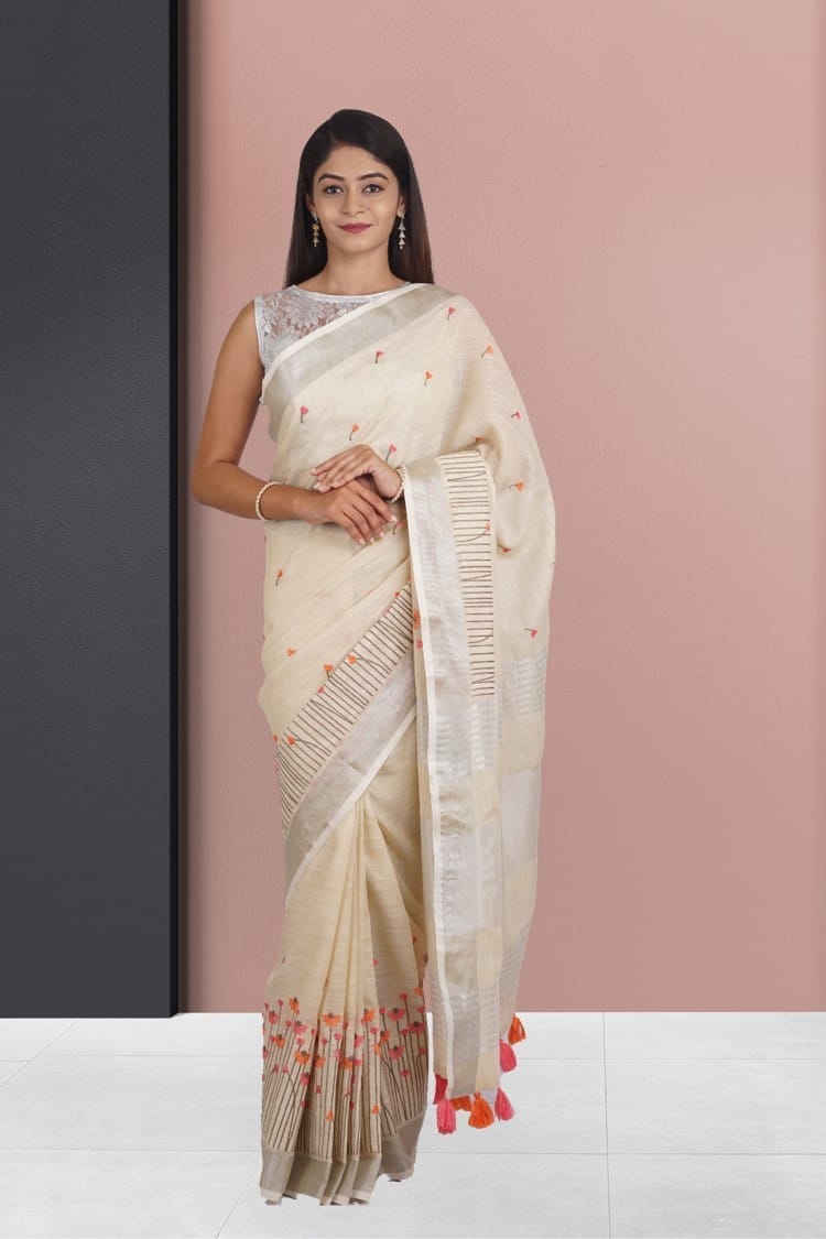 Cream Linen Saree With Modish Work