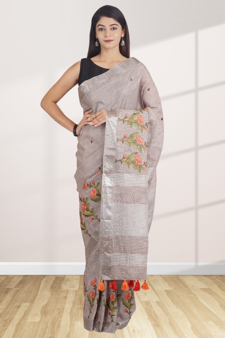 Ash Grey Linen Saree With Modish Work