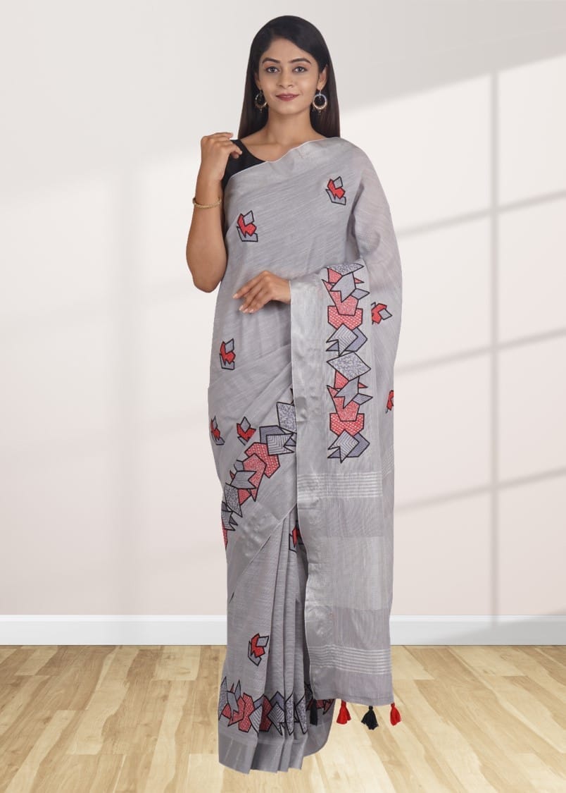 Grey Linen Saree With Modish Work