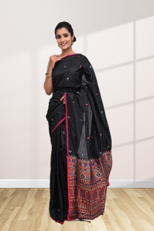 Black Tussar Silk Saree with Contrast Border