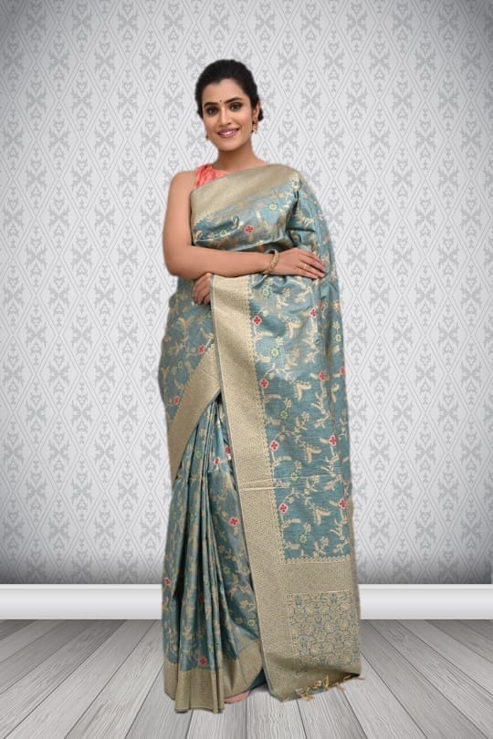 Mint Green Khadi Silk Saree with Jaal Work