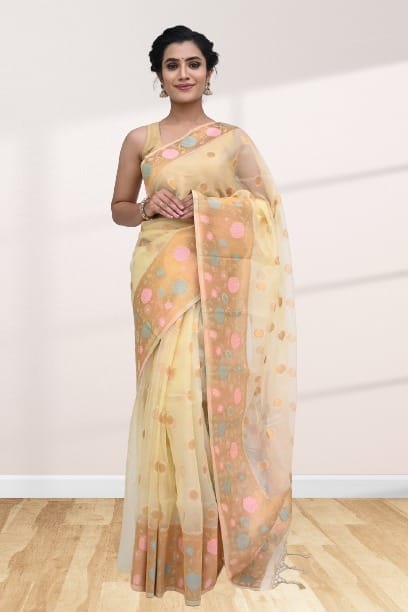 Lemon Yellow Organza Silk Saree With Rich Border