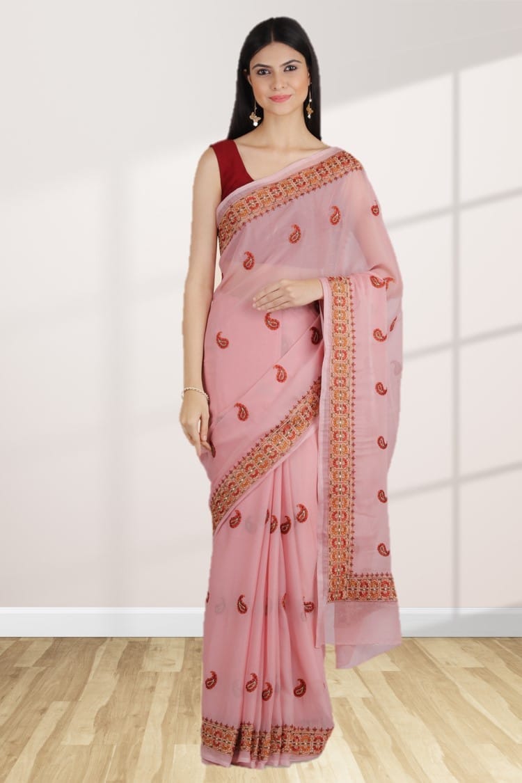 Light Peach Chinon Chiffon Embroidery Saree