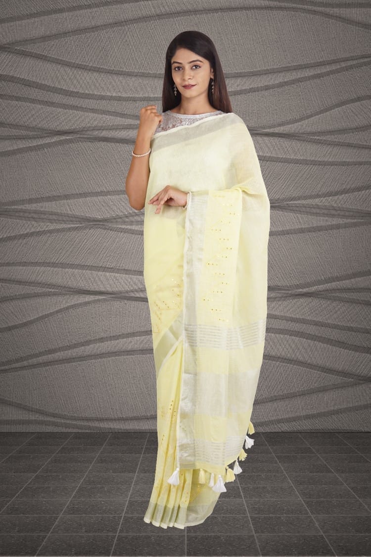 Yellow Linen Saree With Abla Work