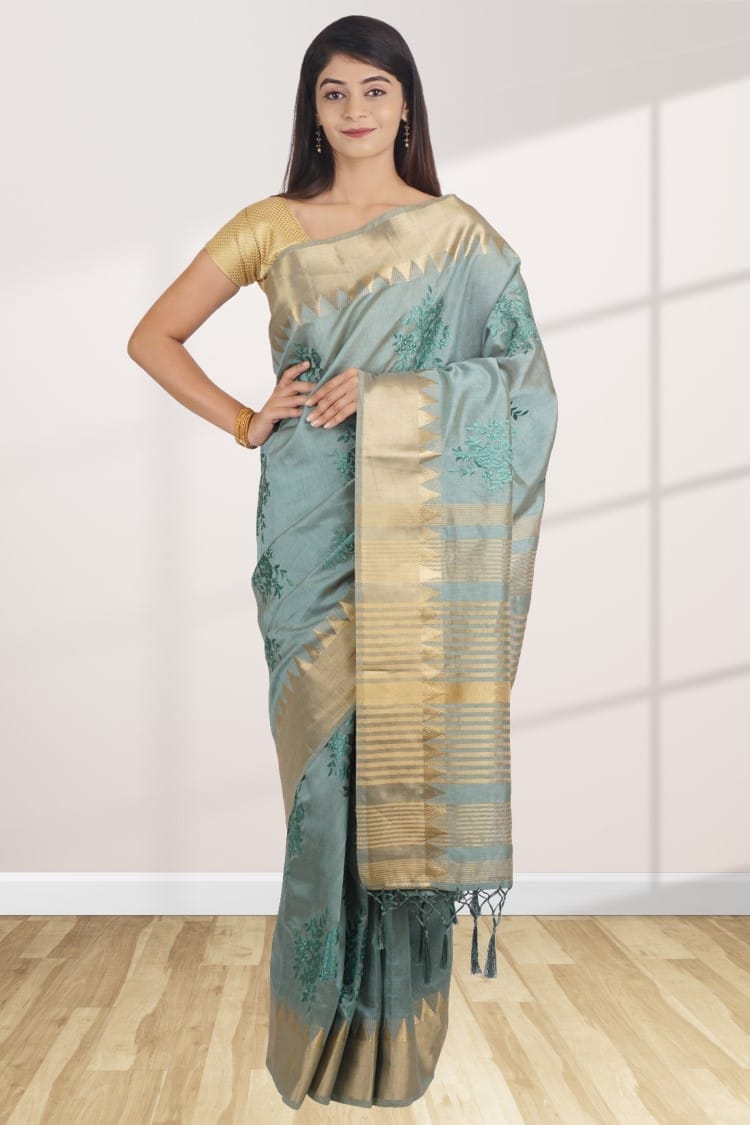 Peacock Green Linen Saree With Embroidery