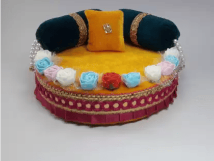 R D Handicraft Thakur ji Singhasan, Laddu Gopal ji Singhasan, Bal Gopal ji Singhasan Usable 4 to 7 no Laddu Gopal ji Silk All Purpose Chowki  (Yellow, Pack of 1)