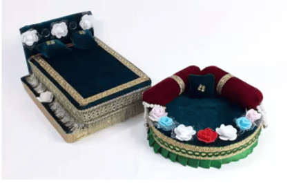 R D Handicraft Combo Thakur ji Singhasan / Laddu Gopal ji Bed Usable 0 to 3 no Laddu Gopal ji Silk All Purpose Chowki  (Green, Pack of 2)