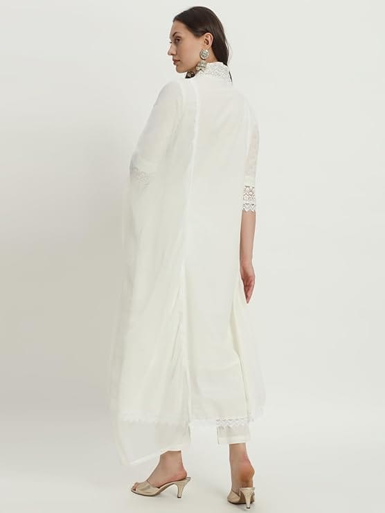 Gulmira Women White Ethnic Embroidered & Mirror Work Kurta with Trousers & Dupatta