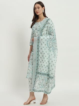 Gulmira - House Of Luxury Gumira Light Green Floral Printed Yoke Design Mirror Work Pure Cotton Kurta with Trousers & Printed Dupatta.