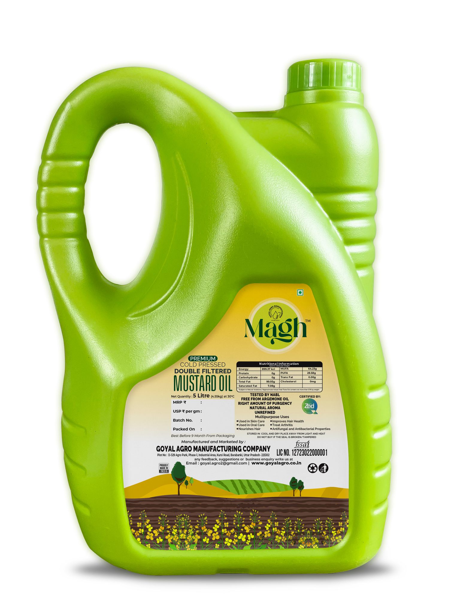 MAGH -COLD PRESSED - DOUBLE FILETERD - Premium - (YELLOW MUSTARD OIL) - 5 liter