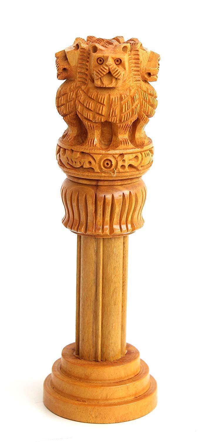 Gayatri Handicraft 8Inches Handcrafted Wooden Ashoka Stambh Lion Capital National Emblem Statue Showpiece.