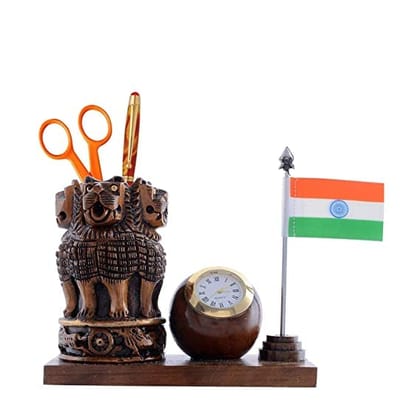 Patwari Arts Wooden Dark Brown Ashokha Stambh Pen Stand With Watch And Flag, Pen Stand, Desk Organizer, Pen Holder, Peen/Pencil Holder. Patwari Arts Wooden Dark Brown Ashokha Stambh Pen Stand With Watch And Flag, Pen Stand, Desk Organizer, Pen Holder, Peen/Pencil Holder.