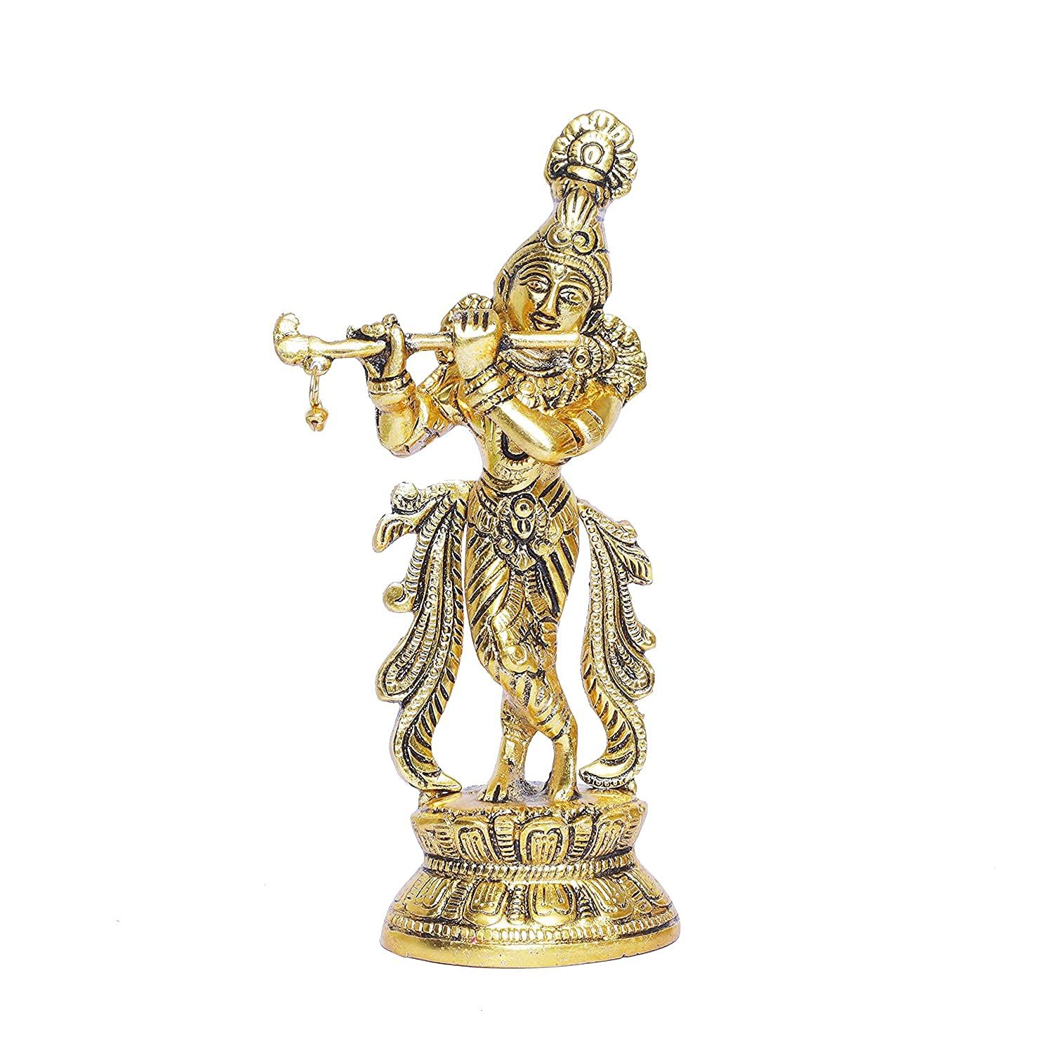 Elevate Your Spiritual Space with a Gold-Plated Flute Playing Lord Krishna Idol: A Premium Showpiece Figurine for Pooja Room and Gifting