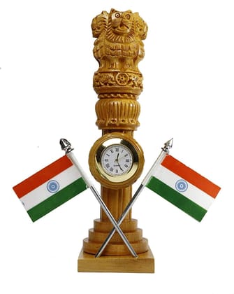 Patwari Arts Wooden Carved Ashoka Stambh Pillar with 2 Flags & Clock for Office and Study Table, Brown Color Pack of 1 for Gift Patwari Arts Wooden Carved Ashoka Stambh Pillar with 2 Flags & Clock for Office and Study Table, Brown Color Pack of 1 for Gift