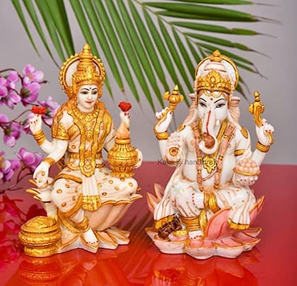 Patwari Arts Marble 8 Inches Laxmi & Ganesh Murti for Home Temple and Puja, Multicolor Idol Pack of 2 for Gifting.