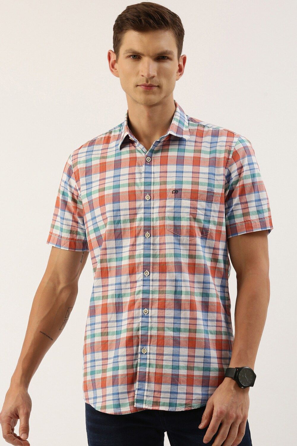 Men Multi Slim Fit Check Half Sleeves Casual Shirt